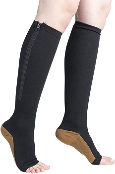 Copper Infused Toeless Compression Calf Socks with Zipper for Women and Men